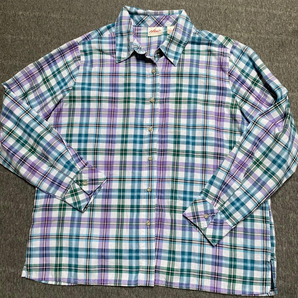 Chic Comfort Collection Womens Purple Teal Green Plaid Button Down Shirt Large
